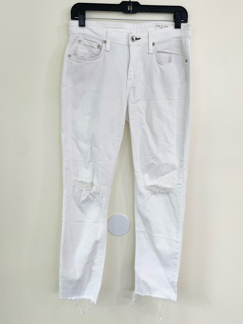 Rag & Bone Dre Low-Rise Slim Boyfriend Jeans Optic White Distressed Raw Hem 26